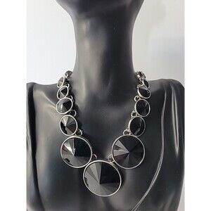 Vintage Black Faceted Statement Necklace Silver Tone Round Disc Chunky Jewelry